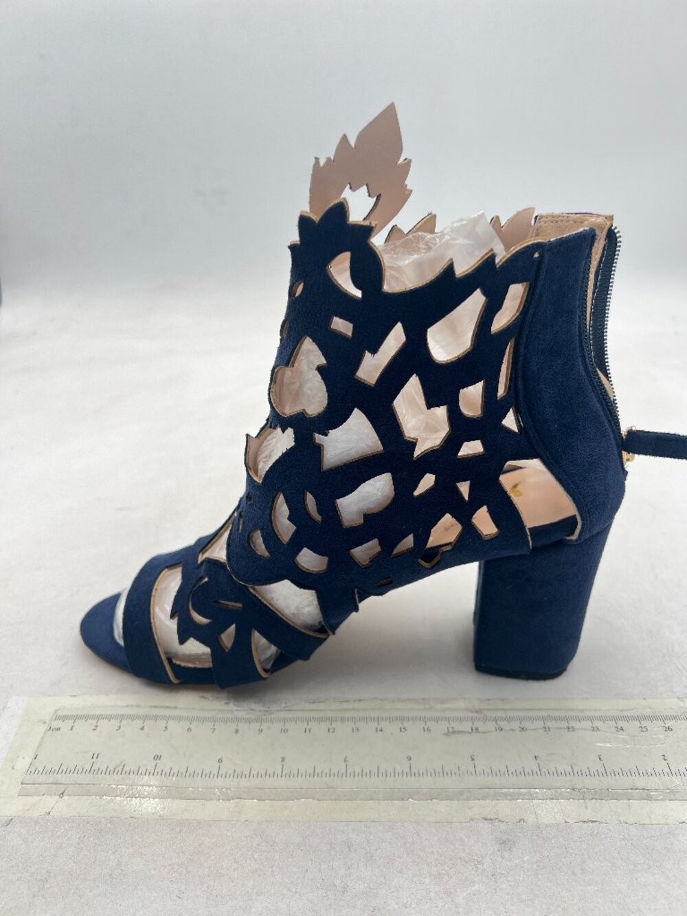 Navy Chunky High Heel Sandals Open Toe Cutout Back Zipper Office Strappy Shoes